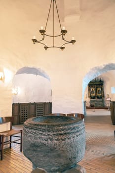 Inside the Osterlars church on the island of Bornholm. Concept of historical building and landmarks of Denmark.