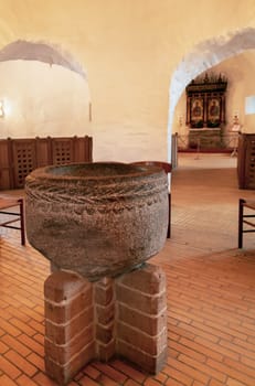 Inside the Osterlars church on the island of Bornholm. Concept of historical building and landmarks of Denmark.