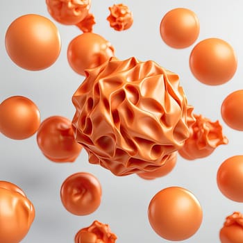 3D rendering of a minimalistic matte inflatable crumpled silicone ball or group of orange colored balls floating in the air on a transparent background . Abstraction isolated on transparent background