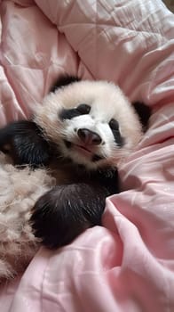 A fawn Terrestrial animal, a baby panda bear, is lying on its back on a bed. Its fluffy fur and adorable snout make it look like a cuddly companion animal