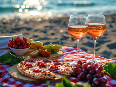 Romantic beach picnic with pizza, fresh fruits, and two glasses of rose wine on red checkered cloth. Summer vacation and relaxation concept. For food enjoyment posters. Ai generation. High quality