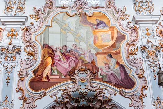 ROTTENBUCH, BAVARIA, GERMANY, JUNE 02, 2022 : interiors, frescoes and architectural decors of  Rottenbuch abbey basilica, by painter Matthaus Gunther and stuccoist Josef Schmuzer, 18th century