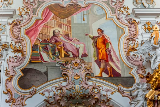 ROTTENBUCH, BAVARIA, GERMANY, JUNE 02, 2022 : interiors, frescoes and architectural decors of  Rottenbuch abbey basilica, by painter Matthaus Gunther and stuccoist Josef Schmuzer, 18th century