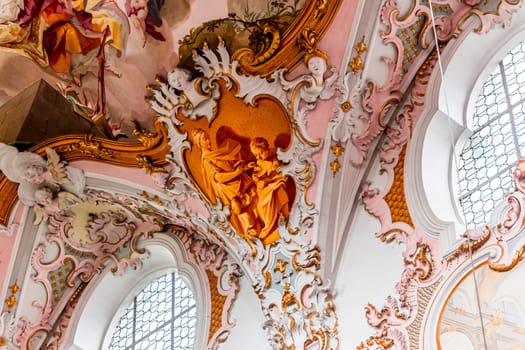 ROTTENBUCH, BAVARIA, GERMANY, JUNE 02, 2022 : interiors, frescoes and architectural decors of  Rottenbuch abbey basilica, by painter Matthaus Gunther and stuccoist Josef Schmuzer, 18th century