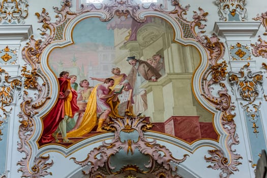 ROTTENBUCH, BAVARIA, GERMANY, JUNE 02, 2022 : interiors, frescoes and architectural decors of  Rottenbuch abbey basilica, by painter Matthaus Gunther and stuccoist Josef Schmuzer, 18th century