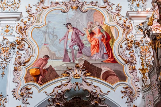 ROTTENBUCH, BAVARIA, GERMANY, JUNE 02, 2022 : interiors, frescoes and architectural decors of  Rottenbuch abbey basilica, by painter Matthaus Gunther and stuccoist Josef Schmuzer, 18th century