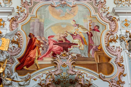 ROTTENBUCH, BAVARIA, GERMANY, JUNE 02, 2022 : interiors, frescoes and architectural decors of  Rottenbuch abbey basilica, by painter Matthaus Gunther and stuccoist Josef Schmuzer, 18th century