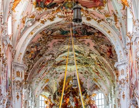 ROTTENBUCH, BAVARIA, GERMANY, JUNE 02, 2022 : interiors, frescoes and architectural decors of  Rottenbuch abbey basilica, by painter Matthaus Gunther and stuccoist Josef Schmuzer, 18th century