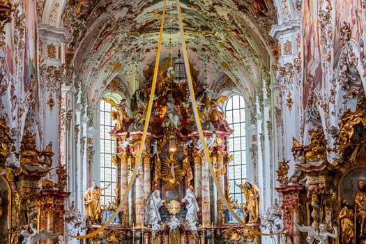 ROTTENBUCH, BAVARIA, GERMANY, JUNE 02, 2022 : interiors, frescoes and architectural decors of  Rottenbuch abbey basilica, by painter Matthaus Gunther and stuccoist Josef Schmuzer, 18th century