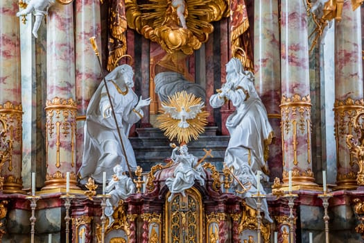 ROTTENBUCH, BAVARIA, GERMANY, JUNE 02, 2022 : interiors, frescoes and architectural decors of  Rottenbuch abbey basilica, by painter Matthaus Gunther and stuccoist Josef Schmuzer, 18th century