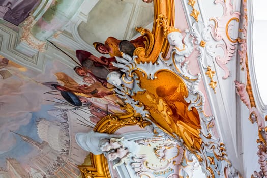 ROTTENBUCH, BAVARIA, GERMANY, JUNE 02, 2022 : interiors, frescoes and architectural decors of  Rottenbuch abbey basilica, by painter Matthaus Gunther and stuccoist Josef Schmuzer, 18th century