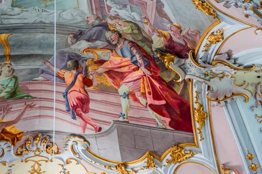 ROTTENBUCH, BAVARIA, GERMANY, JUNE 02, 2022 : interiors, frescoes and architectural decors of  Rottenbuch abbey basilica, by painter Matthaus Gunther and stuccoist Josef Schmuzer, 18th century