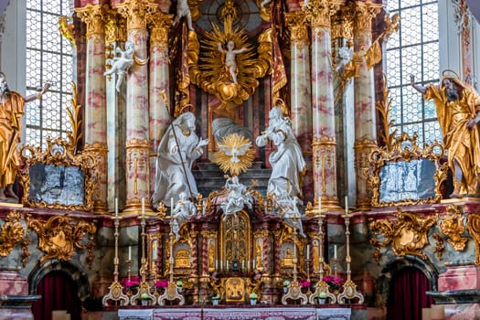 ROTTENBUCH, BAVARIA, GERMANY, JUNE 02, 2022 : interiors, frescoes and architectural decors of  Rottenbuch abbey basilica, by painter Matthaus Gunther and stuccoist Josef Schmuzer, 18th century