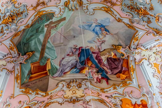 ROTTENBUCH, BAVARIA, GERMANY, JUNE 02, 2022 : interiors, frescoes and architectural decors of  Rottenbuch abbey basilica, by painter Matthaus Gunther and stuccoist Josef Schmuzer, 18th century