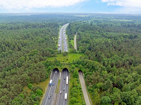 Aerial from ecoduct De Woeste Hoeve on the Veluwe at the highway A50 in the Netherlands