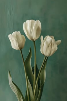 Springtime elegance three white tulips in a vase on a vibrant green background for floral inspiration