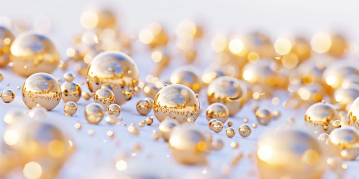 Golden balls scattered on white surface with bright light background luxury, wealth, and elegance in decor