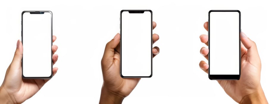 Three people holding cell phones with the screen showing white by AI generated image.