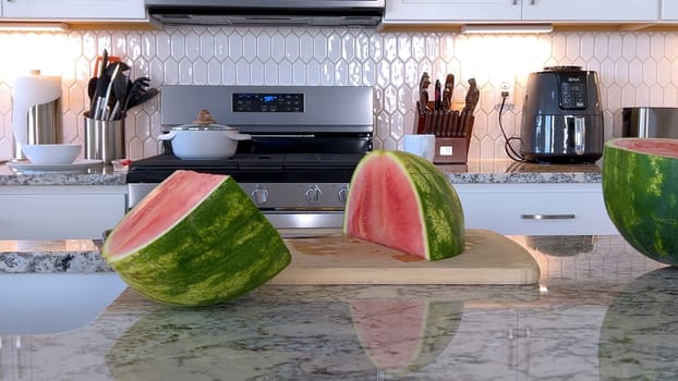 Fresh watermelon halves are placed on a cutting board in a modern kitchen. The kitchen features white cabinetry, a hexagonal tile backsplash, and various cooking utensils and appliances on the countertop.