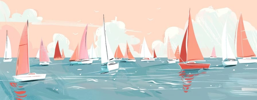 Sailboats sailing in the ocean under a beautiful pink sky with clouds and a relaxing atmosphere