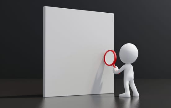 A man is holding a magnifying glass and looking at a white wall by AI generated image.