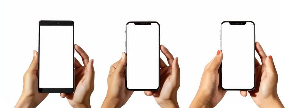 Three people holding cell phones with the screen showing white by AI generated image.