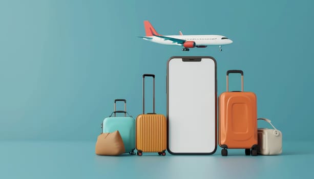 3D render of a smartphone with blank screen, suitcases, and airplane. Concept of travel and technology by AI generated image.