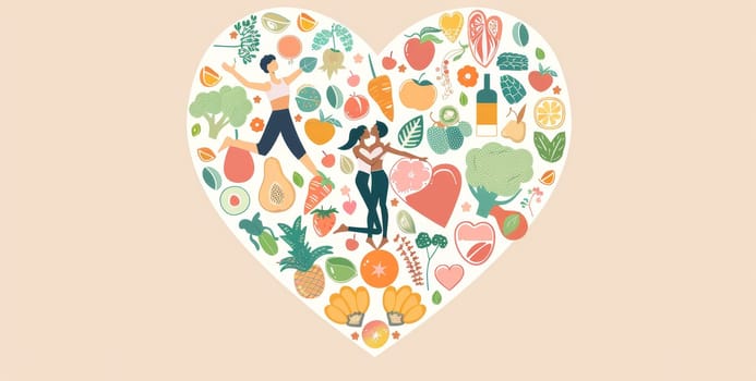 A heart made of fruits and vegetables with a woman and a man in the center by AI generated image.