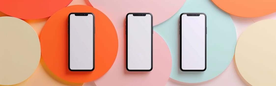 Three cell phones are displayed on a colorful background by AI generated image.