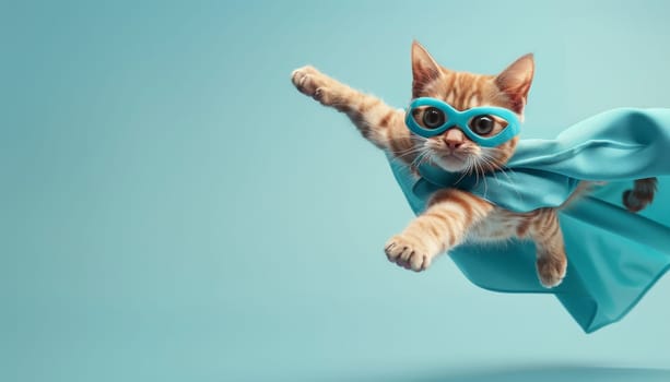 Superhero cat flying with blue mask and cape. Concept of feline heroism by AI generated image.