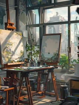 A modern artist studio featuring digital canvases, smart brushes, and interactive design elements.
