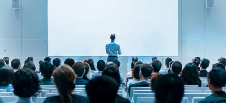 A man stands in front of a large audience, giving a presentation by AI generated image.