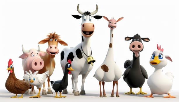 Group of cartoon farm animals including a cow, pig, and chicken. Concept of fun and farm life by AI generated image.