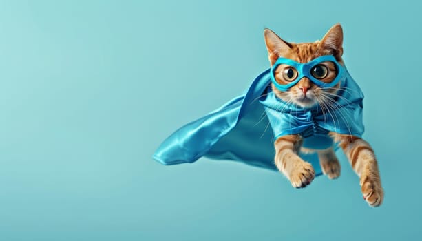 Superhero cat flying with blue mask and cape. Concept of feline heroism by AI generated image.