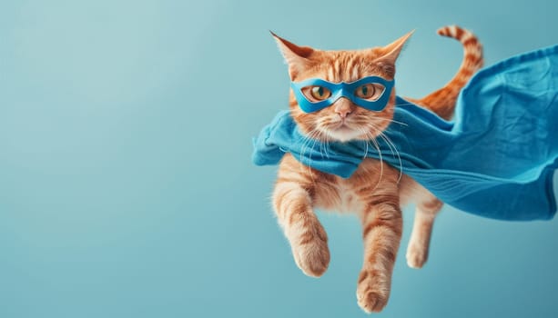 Superhero cat flying with blue mask and cape. Concept of feline heroism by AI generated image.