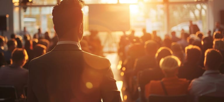 A man stands in front of a large audience, giving a speech by AI generated image.