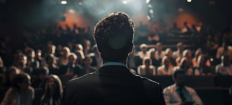 A man stands on stage in front of a crowd of people by AI generated image.