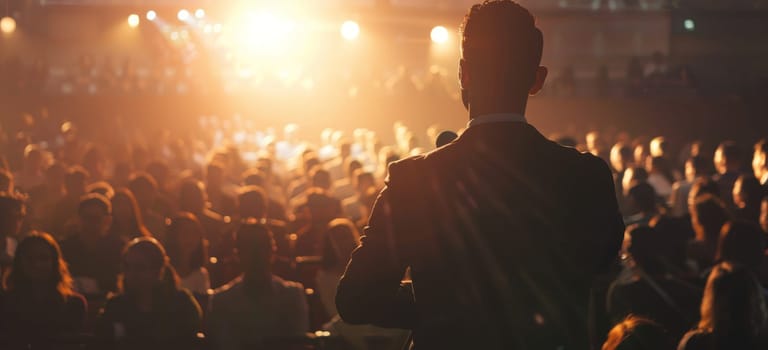 A man stands on stage in front of a crowd of people by AI generated image.