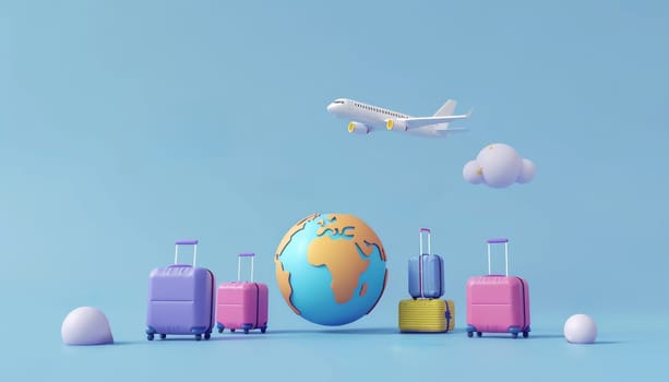 3D isometric icon of a travel concept with planet, airplane, and suitcase. Concept of global travel and tourism by AI generated image.