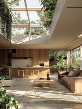 Modern living room with skylight and abundant greenery, creating a relaxing and serene atmosphere