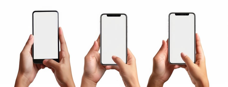 Three people holding cell phones with the screen showing white by AI generated image.