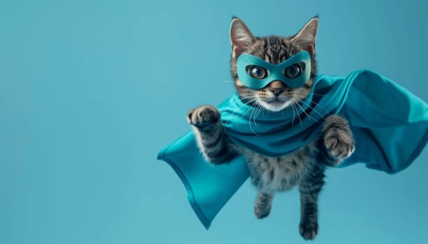 Superhero cat flying with blue mask and cape. Concept of feline heroism by AI generated image.