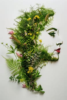 Floral beauty woman's face made of plants and flowers on white background