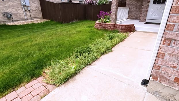 The front porch of a charming brick house featuring a white door and a well-maintained garden bed with blooming purple flowers. The neatly trimmed lawn and inviting entryway enhance the home curb appeal.