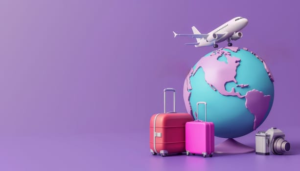 3D cartoon globe with travel elements like airplane, luggage, and camera. Concept of global travel and adventure by AI generated image.