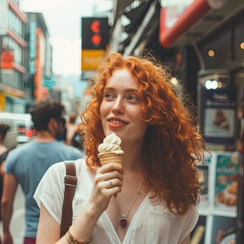 A red-haired woman smiles happily as she enjoys an ice cream cone while walking down a city street on a summer day.