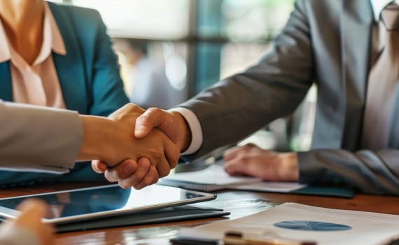 Two people shaking hands in a business setting by AI generated image.