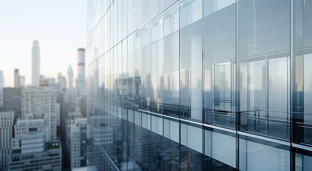 A glass-walled building with a city view in the background by AI generated image.