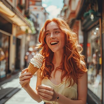 A young woman with red hair smiles as she enjoys an ice cream cone on a sunny day in a European city street.