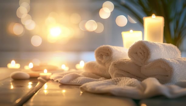 A table with three white towels and two candles. The scene has a calming and relaxing mood